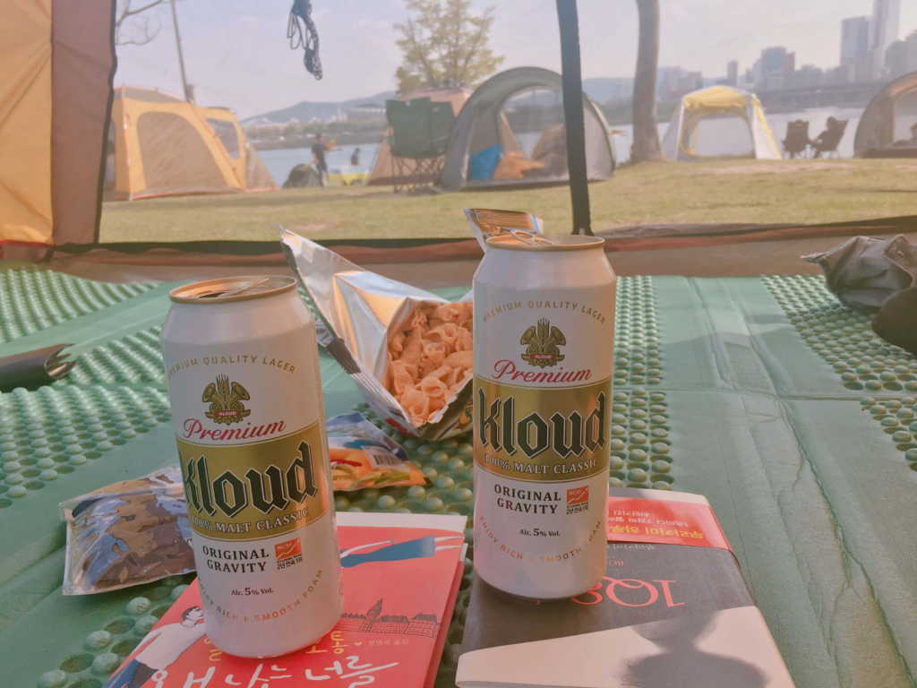 Convenience store beer enjoyed inside a tent at Hangang Park