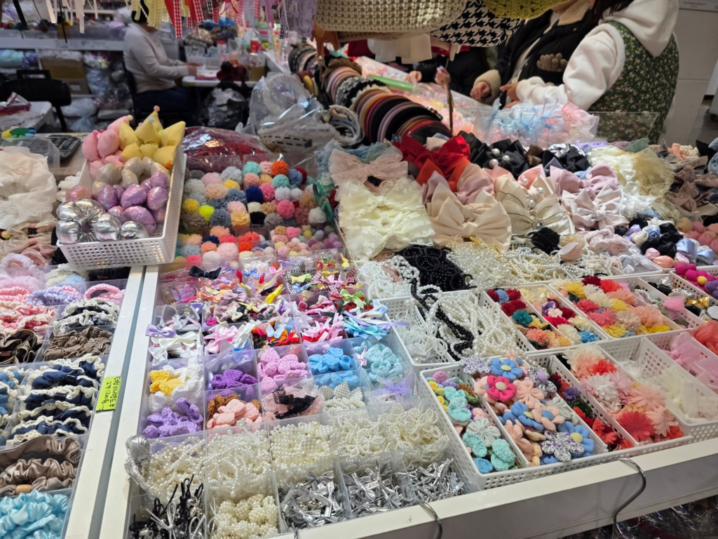 Colorful ribbons and hair accessories at Dongdaemun material market