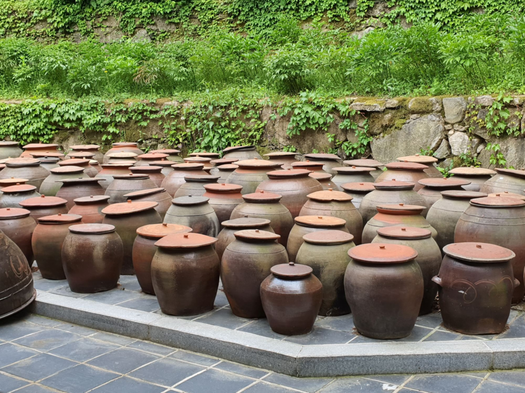 Traditional Korean jangdokdae (soy sauce jars) at Nak Seon Jae