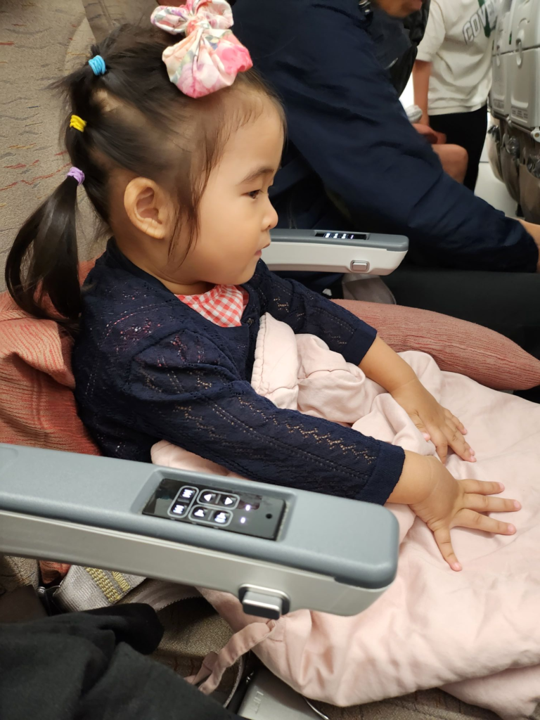toddler covered with a blanket on an airplane seat