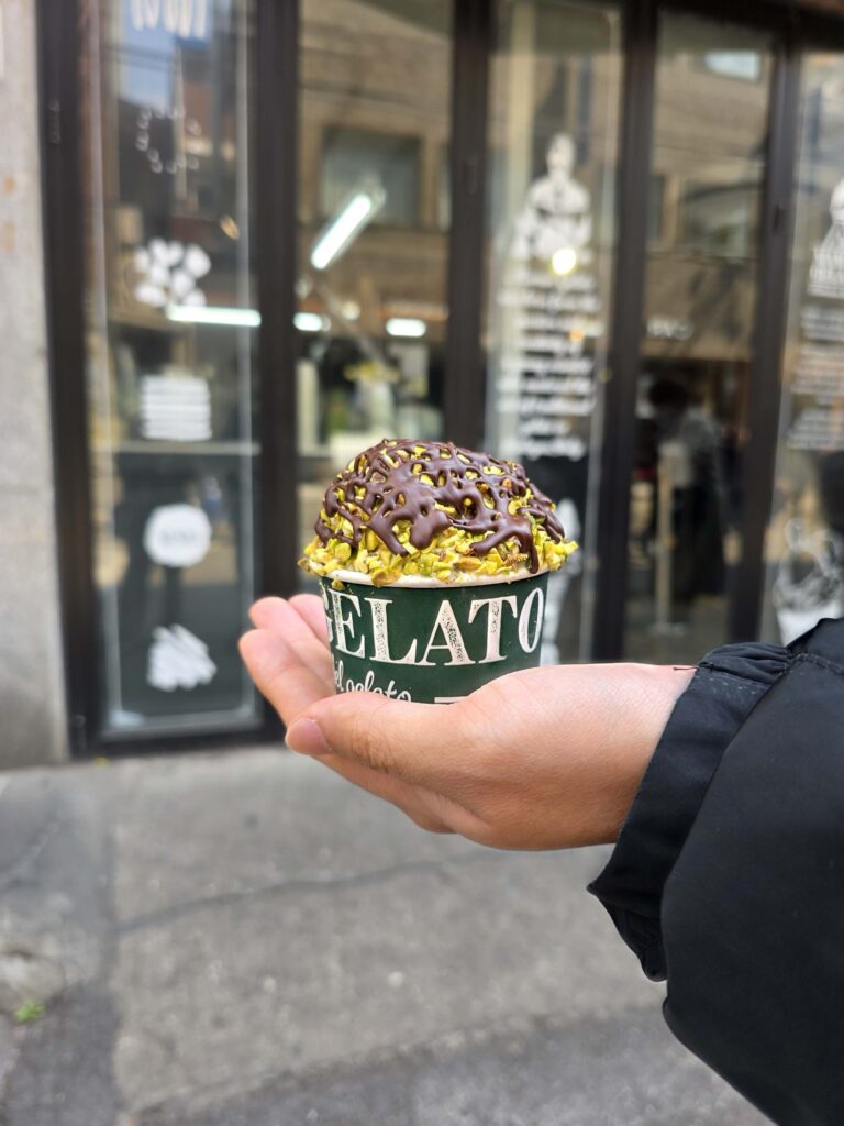 holding Seongsu gelato in front of Maman Gelato Seoul
