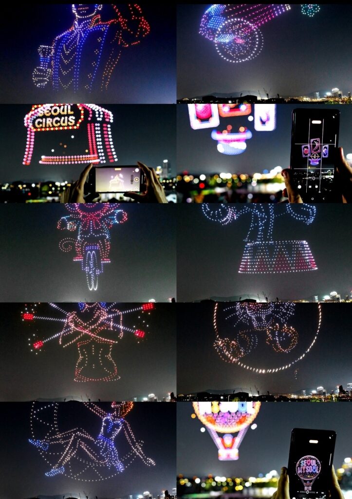 illuminated drone performance over Han River park Seoul
