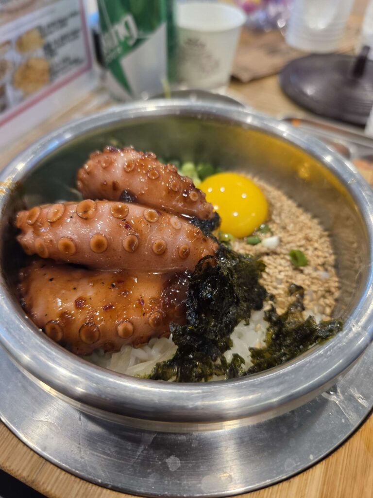 Korean pot rice with octopus in traditional pot
